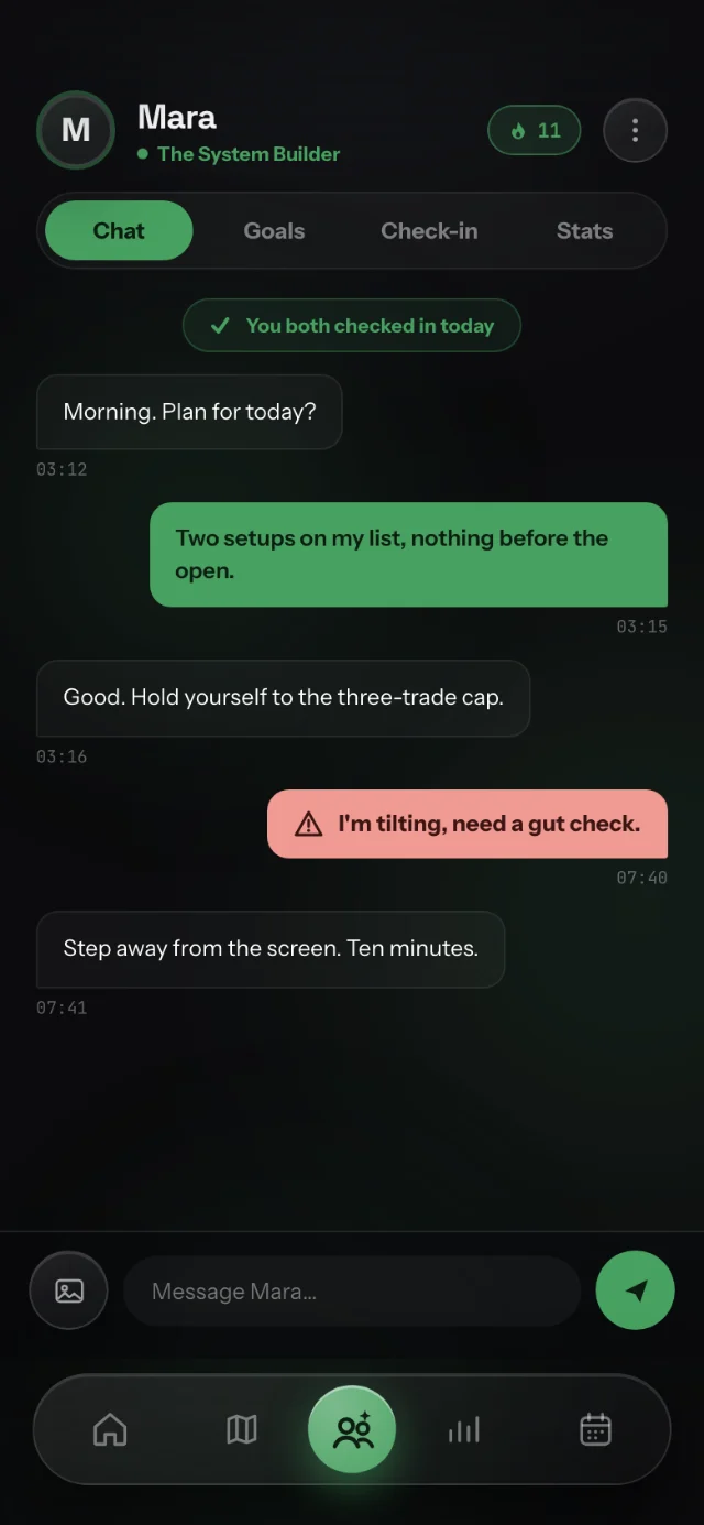 A buddy conversation: “I'm tilting, need a gut check.” — “Step away from the screen. Ten minutes.”