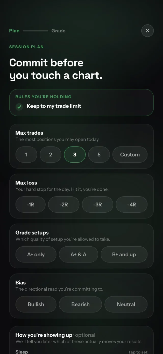 The session plan screen: max trades, max loss, setup grade and bias, committed before the session.